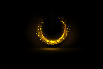 Magical light effect. Rotating luminous ellipses. Dynamic golden rings on black background.