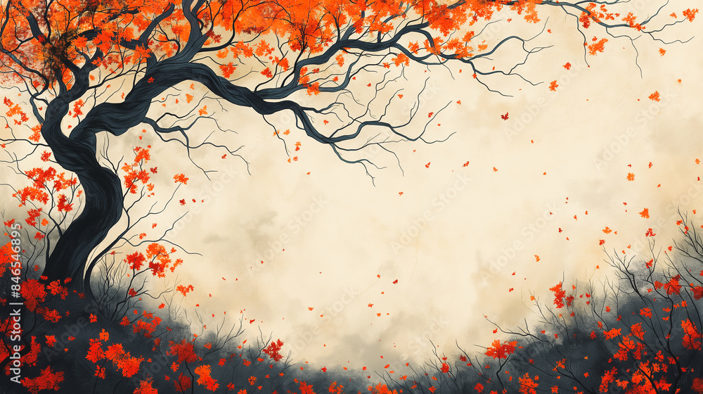 Aufkleber a tree with red leaves is surrounded by a field of red leaves, creating a beautiful and serene scene