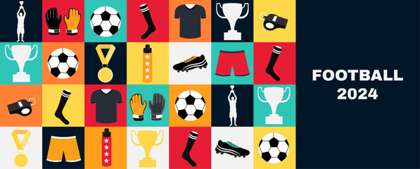 Pattern in the modern trendy style dedicated to football. Match. Items for football. Team. Match. Europe. European 2024. Cup. League. Flat style. Vector illustration. Trendy design. Figure and shapes