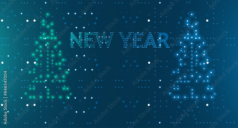 Poster digital new year background with glowing text and christmas tree shapes made of blue dots. perfect f