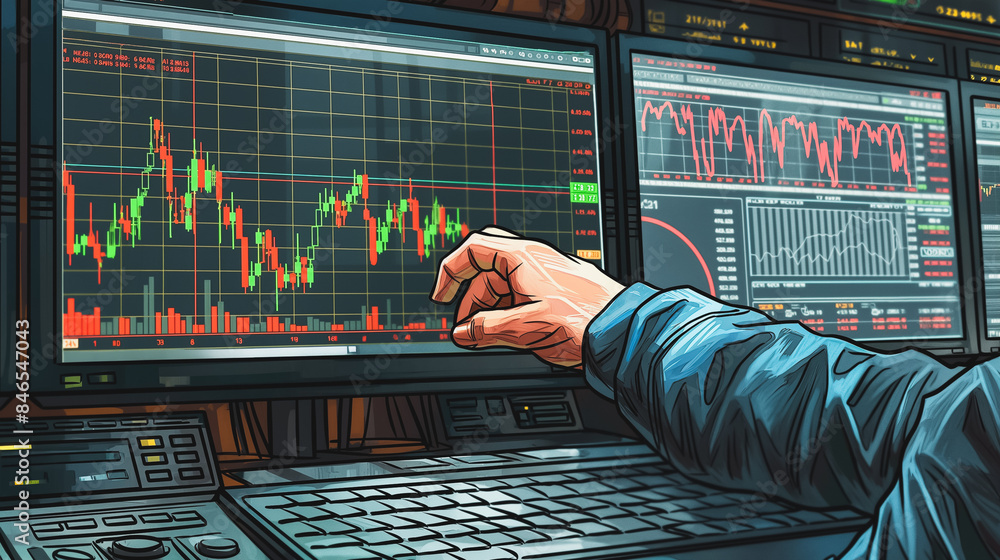 Poster a man is pointing at a computer screen displaying stock market graphs.