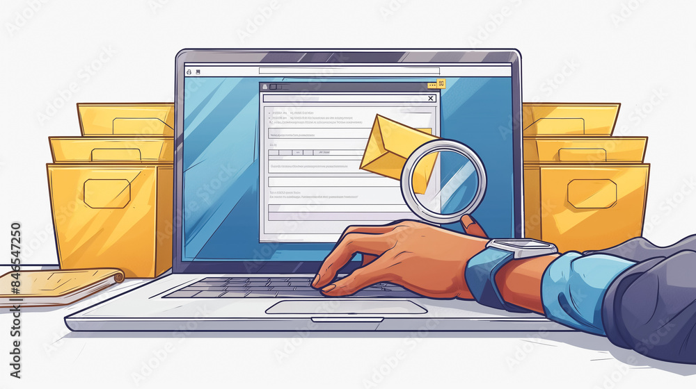 Poster a person hands is typing on a laptop computer with a magnifying glass on the screen, data management