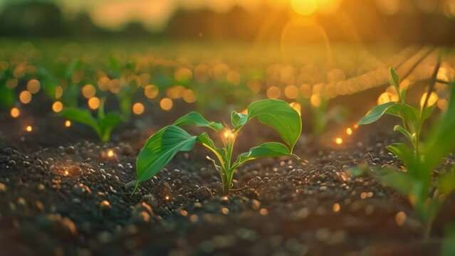 A single sapling emerges from the soil, bathed in the golden light of the setting sun. Small, round lights are scattered around the sapling, giving the image a magical feel.