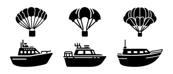 Parachute and speed boat side view silhouette black filled vector Illustration icon