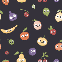 Cute characters fruits and berries seamless vector pattern on dark background. Vector illustration for printing children's textiles, fabrics and paper.
