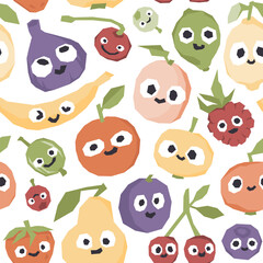Cute characters fruits and berries seamless vector pattern on white background. Vector illustration for printing children's textiles, fabrics and paper.