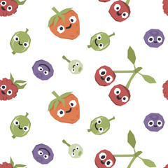 Obraz premium Cute characters fruits and berries seamless vector pattern on white background. Vector illustration for printing children's textiles, fabrics and paper.