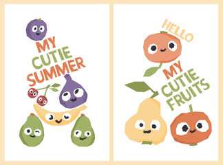 Set with cute fruits and berries characters on a white. Vector illustration for printing. Bright children's background for printing.