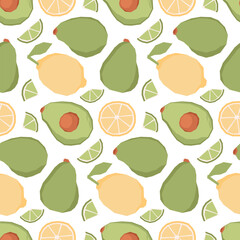 Avocado and lemon seamless pattern. Vector illustration for printing. Delicate green kitchen background for printing fabric, textile and paper.