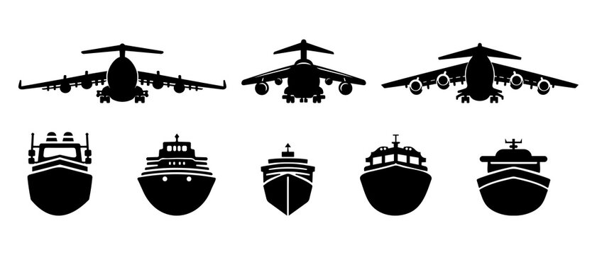 Transport vehicle ships and planes front view silhouette black filled vector Illustration icon