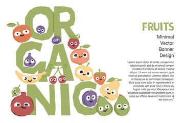 Cute fruit and berries characters banner for farmers market. Vector illustration with copyspace. Ecological agriculture production fair invitation, card, background