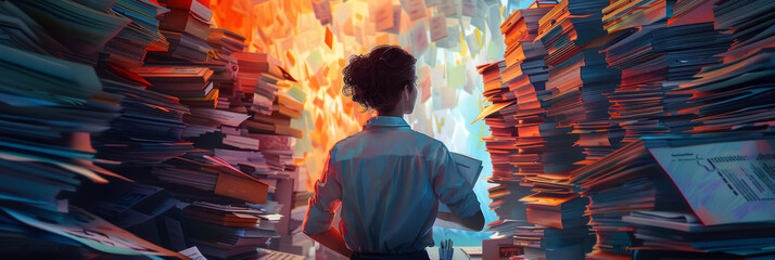 employee surrounded by piles of paperwork or staring at a computer screen, embodying the stress of work overload