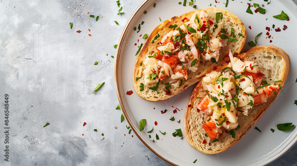 Wall mural Crab toast and and cream cheese crostini's with spices and herbs on a plate, top view, side view in the background. Food, snacks.