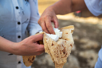 Bazlama bread and goat cheese. Arguvan, Malatya, Türkiye