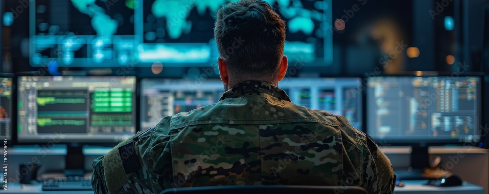 Aufkleber an image of a hacker in the military uniform of cyberwar on the dark web.