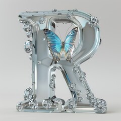 Crystal Clear Glass Letter "R" with Blue Diamonds and Butterfly in Cinematic Lighting