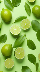 Flat lay of fresh limes and green leaves