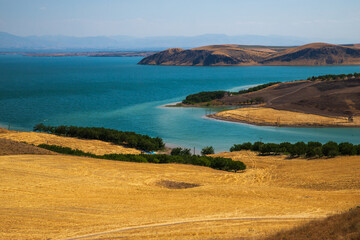 Agricultural land on the shore of the dam lake. Gümüşlü, Arguvan, Malatya, Türkiye