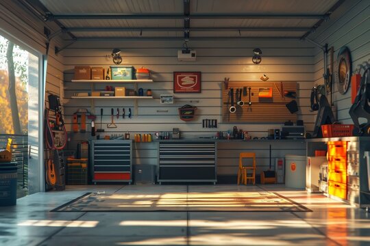 Neatly organized home garage workshop with tools and equipment in warm evening light