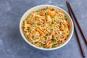 Chinese Chicken Chow Mein in a Bowl with Chopsticks High Angle Photo