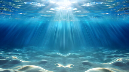 Underwater photo of the inside of the sea with sunrays and palm tree which can bee seen on surface through the water, clear blue tone, summer vibes