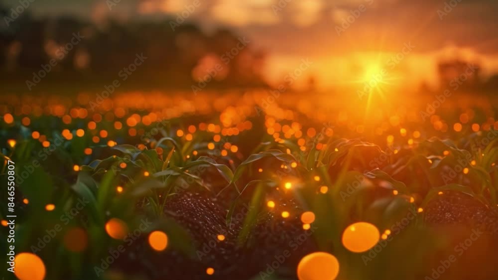 Poster a close-up view of a cornfield at sunset, with the setting sun creating a warm, golden glow and boke