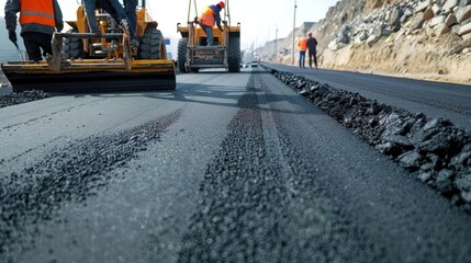 Fototapeta premium Using road construction resources, a worker is installing new asphalt road surface with space
