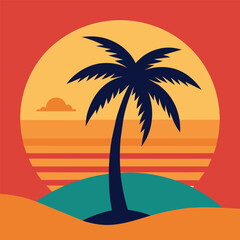 Illustration of a background for Summer Holidays, with a palm tree and a sunset vector