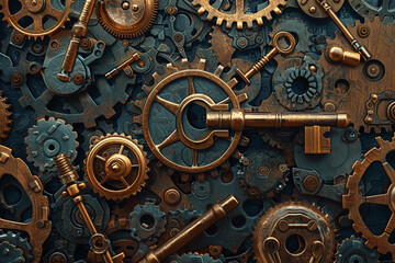 Fototapeta premium Cryptographic keys, depicted in a steampunk aesthetic, unlocking, amidst intricate clockwork mechanisms, intricate, mysterious, timeless