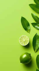 Flat lay of fresh limes and green leaves
