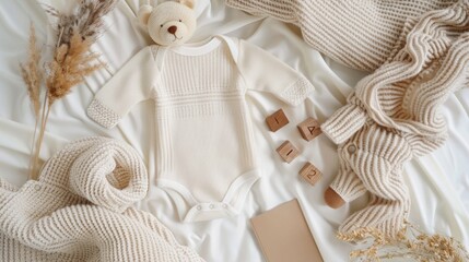 Baby bodysuit and card mockup on soft blanket, toy bear, wooden blocks, pampas grass, neutral bohemian pregnancy announcement background