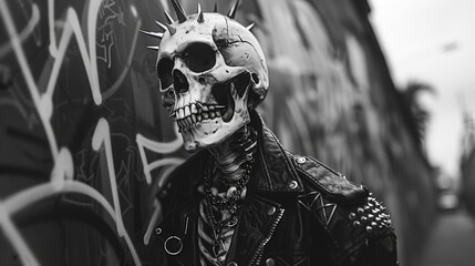 Punk Skull Figure in Leather Jacket and Spike Mohawk Against Graffiti Wall