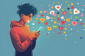 Illustration of a person captivated by their smartphone with likes and thumb up icons, representing online engagement and potential addiction