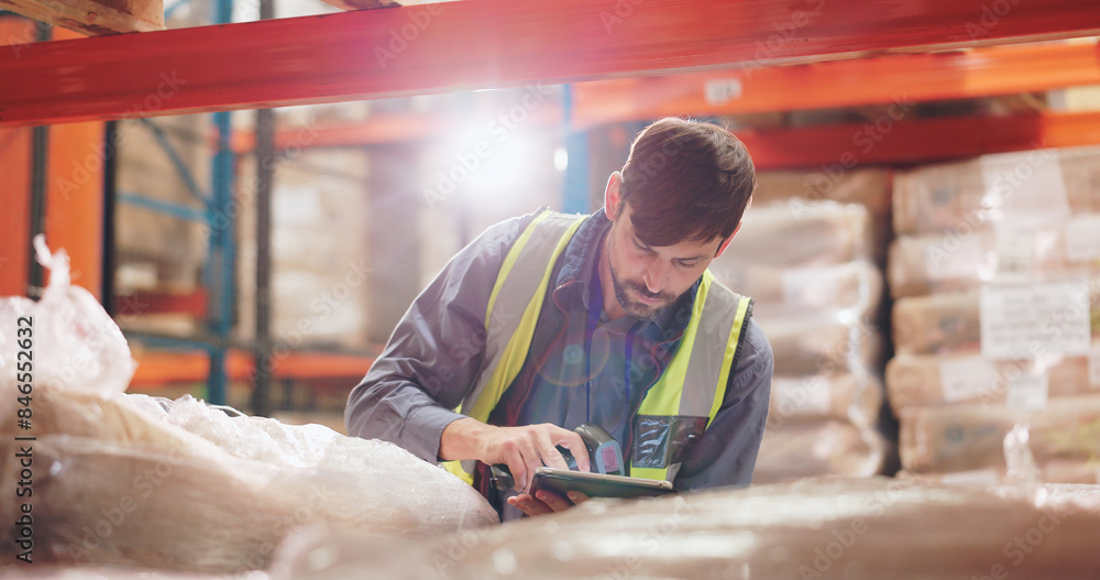 Aufkleber man, package and scanner with tablet for warehouse logistics, e commerce or inventory of online orde