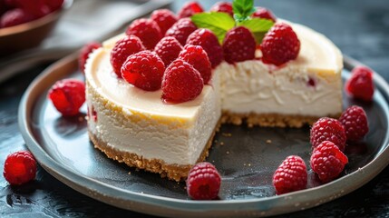 Cheesecake with raspberries on a plate