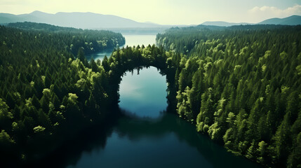 Bird's eye view of mysterious lake in deep forest