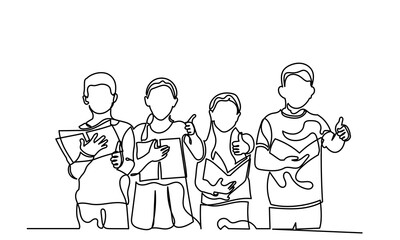 Back to school, continuous line drawing of Schoolchildren boy and girl going to school show thumb.kindergarten Backpack, child, education, bag students black and white background.
