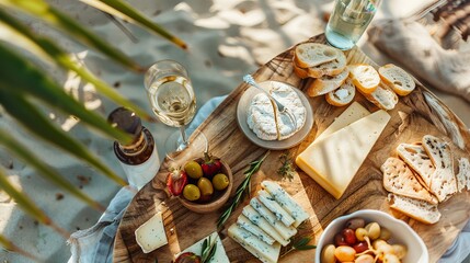 Close up of a cheese platter with charcuterie and wine