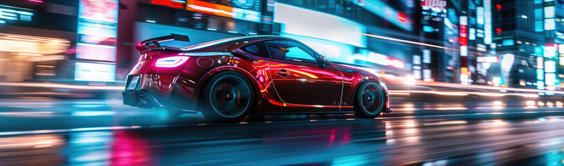 Fototapeta premium A sport car driving fast through a city. Night scene