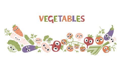 Horizontal banner with organic vegetables and lettering. Green grown cute characters.