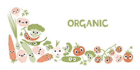 Horizontal banner with organic vegetables and lettering. Green grown cute characters.