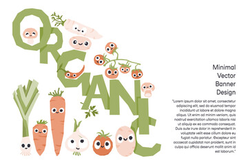 Cute organic vegetables characters banners for farmers market. Vector illustration with copyspace. Ecological agriculture production fair invitation, card, background