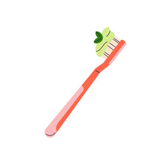 Toothbrush with toothpaste. Red tooth brush with mint paste for fresh breathing. Tool for cleaning mouth. Oral hygiene, dental health care. Flat isolated vector illustration on white background