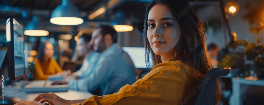 Poster a plus-size woman working on a new project in the office of a startup company. she is working in a c