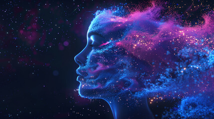 Abstract Digital Art of Woman's Face with Neon Lights and Particle Effects, Futuristic Technology Concept
