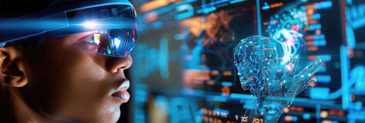 A person wearing a virtual reality headset looks intently at a digital interface, with a glowing blue, digital human figure superimposed on the screen