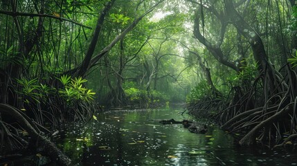 A dense mangrove forest, with tangled roots and rich biodiversity, highlighting the importance of these ecosystems