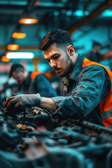 A mechanic works on the engine of a vehicle in an industrial setting. He wears gloves and a safety vest as he carefully inspects the engine