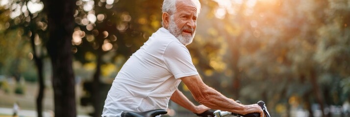 A senior man in sportswear suffering from back pain after cycling in a park in summer.