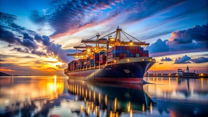 a massive cargo ship docks at dusk